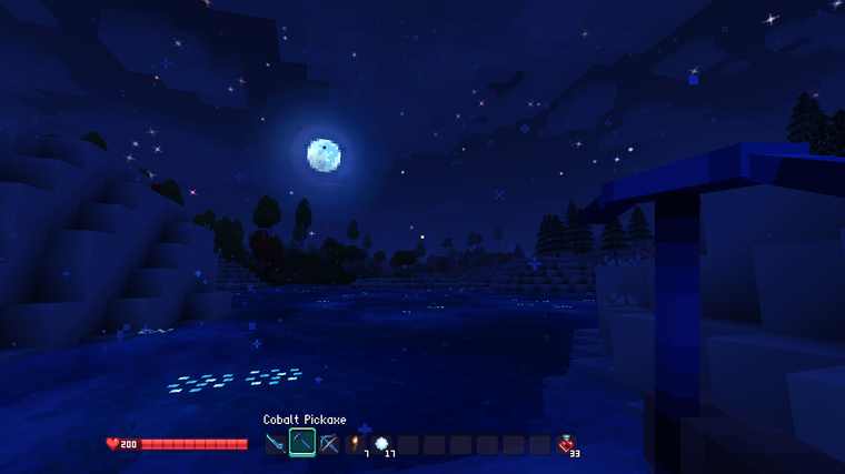 Night on a frozen lake under a full moon, holding a Cobalt Pickaxe, health bar at 200