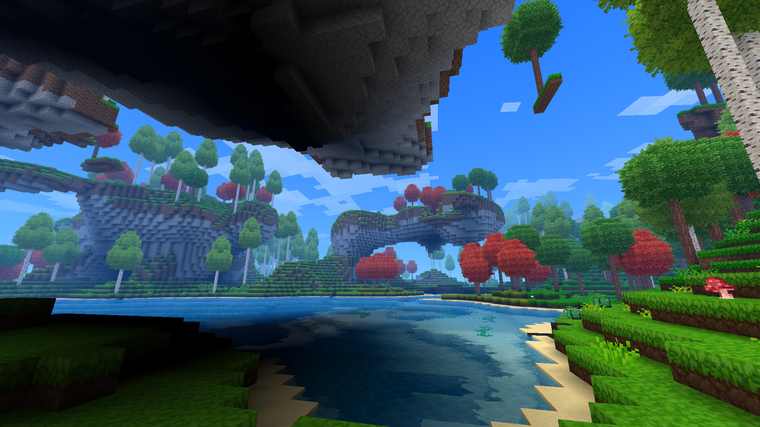 Daytime forest with floating islands, red autumnal trees and a lake below